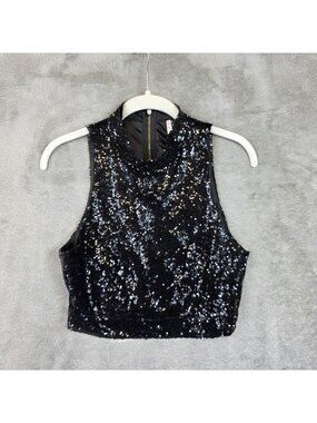 K TOO Tank Top Womens M Black Sequin Mock Neck Cropped Zip Back Party Sleeveless